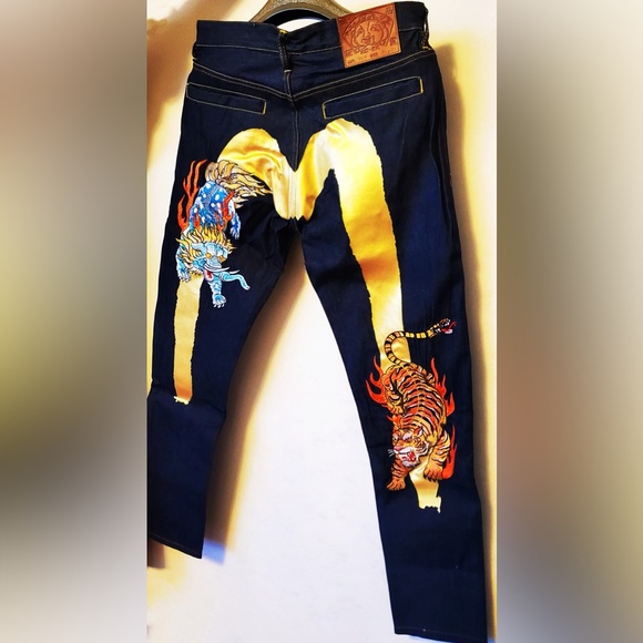EVISU Brushstroke Daicock Print Denim Jeans w Tiger and Elephant Embroidery NWT - Picture 7 of 14